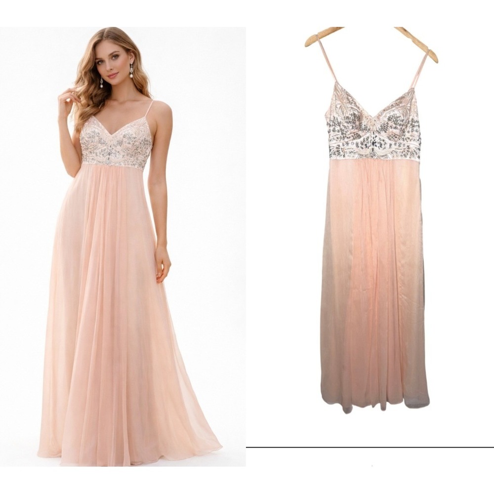 Studios W Sue Wong Pink Beaded Sequin Empire Chiffon art Deco Romantic Gown Sz 6